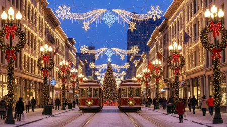 A vibrant street scene features festive decorations, including garlands, wreaths, and string lights, adorning the buildings. The composition showcases detailed architecture illuminated against a twilight sky. It could be used for holiday-themed advertising, editorials, or design projects. The image evokes a sense of celebration.の素材