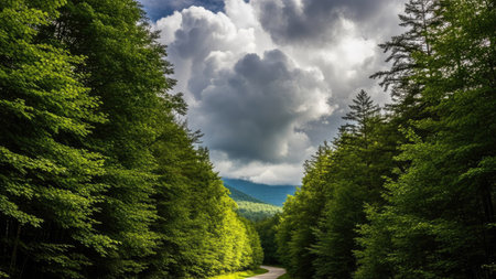 A forest road curves through towering green trees, leading towards a bright sky filled with dramatic clouds. The scene is bathed in natural light, suggesting a daytime setting. This image showcases a natural environment and could be used for various commercial and editorial projects related to nature or travel.の素材