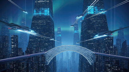 An illustration of a futuristic urban environment, featuring towering structures and flying vehicles. The artwork showcases vibrant blue and teal hues, with dynamic lighting effects. This visual composition could be utilized for various commercial purposes, including website design or editorial content related to technology.の素材