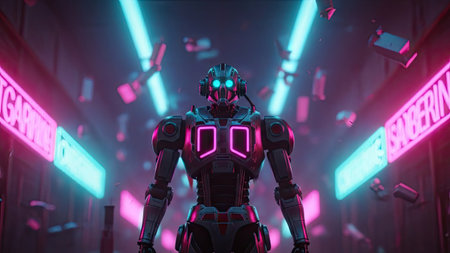 A robot stands in a futuristic, neon-lit environment. The scene showcases vibrant pink and blue hues. The composition features a symmetrical design with bright light elements. This visual could be used in technological designs, gaming illustrations, or science fiction editorials, offering a modern aesthetic.の素材