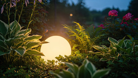 A radiant spherical light source illuminates a garden setting, showcasing vibrant green foliage and colorful flowers. The scene is bathed in soft, warm light against a twilight backdrop. This image presents potential use for decorative design, environmental themes, or serene landscape concepts, suitable for varied editorial purposes.の素材