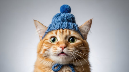 A close-up image features a ginger cat wearing a blue knit hat with a pom-pom. The cat is positioned in front of a smooth, neutral backdrop. The lighting appears soft and even, highlighting the cat's expressive face and textured fur. This image could be suitable for various commercial uses, including advertising or editorial content.の素材