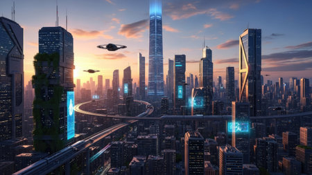 A digital rendering presents a future city dominated by towering skyscrapers, connected by elevated transit systems and augmented with glowing displays. The composition showcases a modern aesthetic, utilizing cool color tones and detailed architecture. The image suggests a technological environment, potentially suitable for editorial content or conceptual designs.の素材