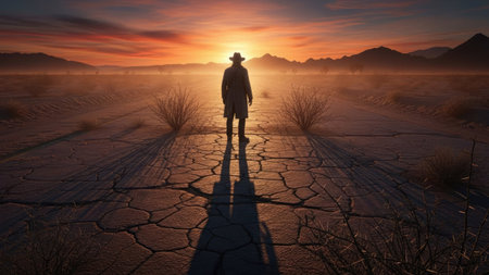A solitary figure stands on a cracked surface, silhouetted against a vibrant sunset. The composition features warm colors, with a long shadow stretching out. The setting suggests an open, arid environment. Suitable for visual storytelling, artistic projects, and various commercial applications.の素材