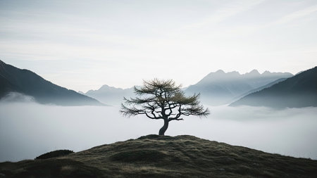 A single tree stands prominently atop a hill, its silhouette stark against a backdrop of distant mountains. The scene is enveloped in a soft mist, creating a serene and atmospheric landscape. The composition utilizes a muted color palette, offering potential use in various design projects and editorial contexts.の素材