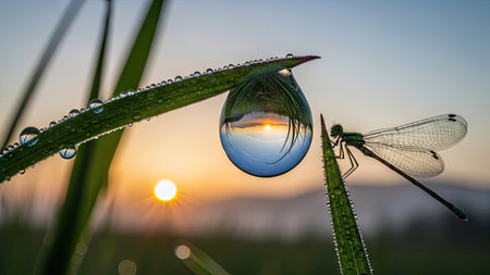 A close-up captures a water droplet reflecting the dawn sky with a dragonfly perched on a leaf. The scene features vibrant greens and blues, creating a sense of freshness. The image's composition and lighting suggest its suitability for natural or environmental content, potentially usable for various editorial and commercial purposes.の素材