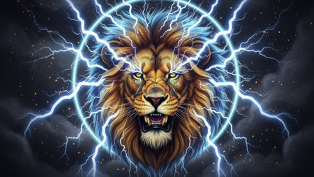 A detailed illustration depicts a lion surrounded by electric energy. The artwork showcases a striking combination of vibrant blues, oranges, and yellows. The composition suggests dynamism and power, set against a dark, dramatic background. Suitable for designs that require a visual representation of strength and impact.の素材