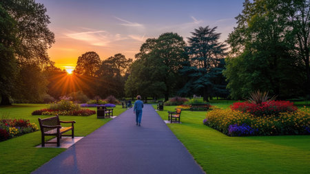 A person walks along a pathway in a vibrant green park setting as the sun sets in the background. The scene showcases colorful flower beds, trees, and benches. Ideal for commercial applications requiring natural landscape imagery, this photograph offers a sense of tranquility and open space.の素材