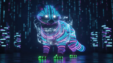 A digital artwork presents a cybernetic animal rendered in bright neon colors. The illustration showcases intricate glowing details and a futuristic design. This artwork, set against a dark background, could be suitable for various commercial or editorial applications.の素材