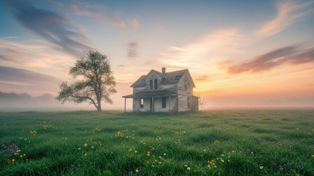 An abandoned house sits in a field enveloped by fog, illuminated by a warm sunrise. The composition shows the house, a solitary tree, and grassy foreground. The atmospheric image showcases natural light and textures, suitable for environmental, historical, or conceptual projects. It suggests isolation and a sense of history.の素材