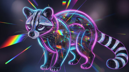 A raccoon is depicted with neon outlines and geometric shapes in this digital illustration. The artwork showcases a dynamic composition with a dark backdrop, contrasted by colorful linear accents. It can be used in a range of design projects, including digital art and advertising materials.の素材