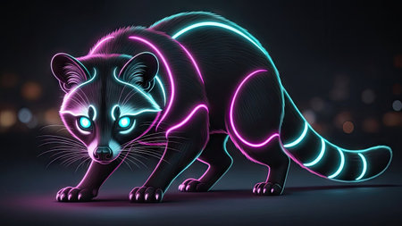 An illustration depicts a raccoon illuminated by vibrant neon lines. The creature is posed against a dark backdrop. The artwork showcases a digital aesthetic with glowing accents. This image could be suitable for various creative projects, including digital design and editorial content.の素材