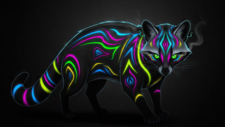 An artistic illustration presents a raccoon rendered in dark hues, overlaid with vibrant, neon-colored patterns. The artwork emphasizes bright lines and a stylized design. The dark background creates a striking contrast. Suitable for creative projects, this image could be used in design or editorial contexts.の素材
