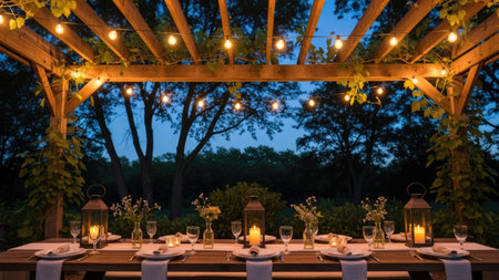An inviting outdoor dining scene features a beautifully set table beneath a wooden pergola illuminated by string lights. The composition highlights a refined aesthetic with lanterns, candles, and elegant table settings against a backdrop of trees and a twilight sky. Suitable for editorial and commercial use, such as advertising.の素材
