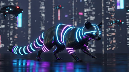 A raccoon with glowing neon stripes is positioned in front of a digital cityscape. The image showcases vibrant blue and pink lights, suggesting a night setting. This futuristic illustration could be suitable for digital art projects, website design elements, or science fiction related content, offering visual interest.の素材