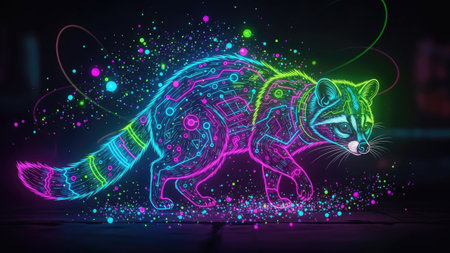 An illustration depicts a raccoon rendered with vibrant neon lines and circuits. Its fur is portrayed with a mix of blue, pink, and green hues against a dark background, creating a futuristic effect. This image has the potential for use in various digital and print applications, including promotional materials or artistic projects.の素材