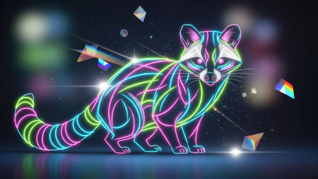 An illustration features a raccoon depicted in a neon art style. The artwork displays a combination of neon colors against a dark backdrop. The composition is likely intended for use in design projects, advertising, or as a striking visual element for digital applications.の素材