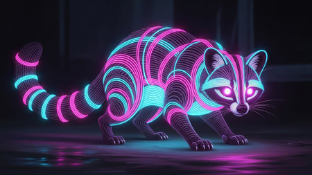 An illuminated raccoon is depicted, showcasing neon lines in vibrant pink and blue hues. The artwork employs digital illustration, emphasizing a modern design aesthetic. It may be suitable for various commercial uses, including website graphics, and advertising materials. The image features a dark background, enhancing the glow of the subject.の素材