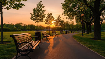 An outdoor scene features park benches along a pathway, framed by trees under a vibrant sunset. The composition highlights warm hues, shadows, and the texture of the pavement. This image could be used for various projects, including editorial features or commercial designs, representing peaceful environments.の素材