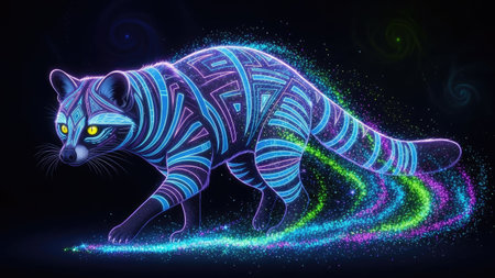 An illustration features a raccoon depicted with vibrant neon patterns. The artwork showcases a dynamic pose against a dark background, highlighted by electric blue, pink, and purple hues. The design style suggests possible commercial applications, suitable for digital art, design projects, and decorative purposes.の素材