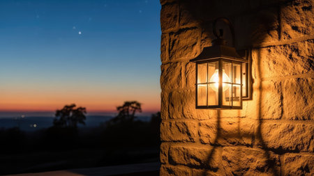 An outdoor lantern illuminates a textured brick wall with a warm glow. The scene depicts a twilight sky with a gradient of colors, and the foreground silhouettes trees. This image can be used for projects related to design, architecture, or general visual concepts.の素材