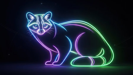 A vibrant digital illustration features a raccoon outlined in neon lights. The artwork showcases a sleek style with a contrasting black background. The luminous raccoon presents a modern design concept with bright colors suitable for various projects. This image is applicable for both commercial and editorial contexts.の素材
