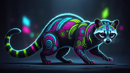 An illustrated raccoon showcases a vibrant design featuring neon colors and patterns. The artwork presents a stylized animal with a dark background. The composition utilizes digital art techniques, suggesting its suitability for commercial applications, including graphic design and illustrative purposes.の素材