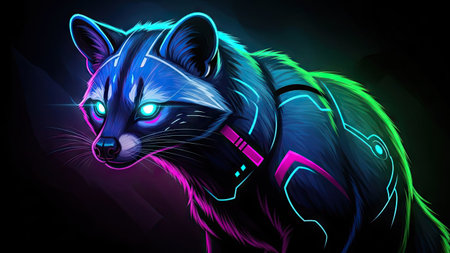 This image features a raccoon rendered in a digital art style, exhibiting a cyberpunk aesthetic. The animal is depicted with vibrant neon colors, specifically blue and green, and glowing eyes. The composition uses a dark background to highlight the raccoon and is likely suitable for various commercial purposes.の素材