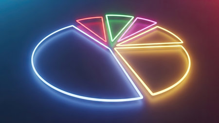 A vibrant neon pie chart glows with multiple colors against a dark background. Its segments visually represent data portions, highlighting statistical relationships. The composition features a clean, modern aesthetic with bright illumination, potentially suitable for digital presentations and editorial content. This graphic effectively conveys complex information.の素材