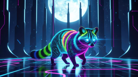 A raccoon with vibrant neon colors stands on a digital floor. The image showcases a surreal design with glowing lines and a large moon. The overall ambiance suggests a futuristic setting with possible applications in design and conceptual projects, ideal for digital media.の素材