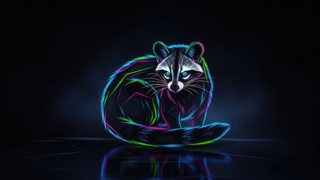 An illustration features a raccoon outlined in vibrant neon colors against a dark backdrop. The artwork showcases an animal with a distinctive linear style, creating a modern and eye-catching appearance. This image is suitable for various design projects, including digital art and editorial content.の素材