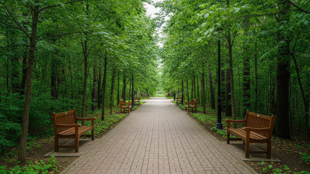 A stone pathway leads through a vibrant green forest, flanked by tall trees and wooden benches. The scene is bathed in sunlight, creating a tranquil atmosphere. This image could be used for various commercial projects, including travel, nature, or environmental themes.の素材