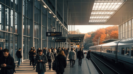 A group of people are seen walking on a modern train platform. The composition highlights architectural elements and a train alongside a track. The image has a naturalistic lighting with a view of outside environment and could be suitable for various editorial or commercial applications.の素材