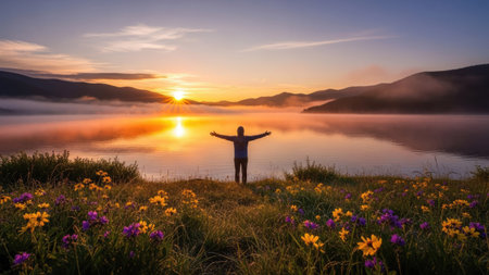 A person stands with arms outstretched, appreciating a sunrise over a tranquil lake. The composition showcases vibrant colors, with flowers in the foreground, mist on the water, and mountains in the background. The image's lighting and atmosphere suggest a serene outdoor environment, suitable for various editorial and commercial applications.の素材