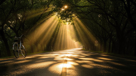 A bicycle stands on a road, bathed in dramatic sunlight filtering through overhead trees. The image presents a striking contrast of light and shadow, featuring warm tones and textured surfaces. This composition could be used for editorial content or promotional materials, evoking feelings of travel and adventure.の素材