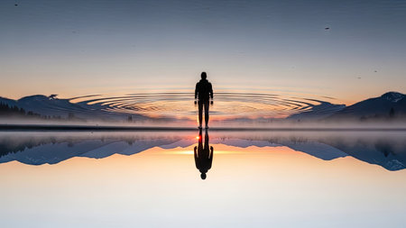 A person stands silhouetted against a colorful sunset, reflecting perfectly in the still water. The composition highlights a landscape with mountains in the distance, bathed in warm hues. This image's soft lighting and natural elements may suit various commercial and editorial applications.の素材