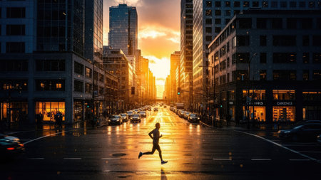 A lone figure runs down a city street at dusk, the silhouette stark against the setting sun. The image showcases a cityscape, buildings lining the road, with the warm colors of the sky contrasting with the cooler tones of the environment. Suitable for various editorial and commercial applications.の素材