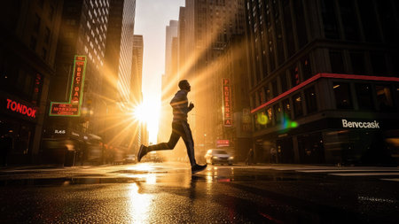 A person runs through a city street, silhouetted against a setting sun. The image features a bright, warm light that highlights the urban architecture and surrounding environment. The composition may be suitable for advertising, editorial, or commercial use, showcasing themes of activity and forward motion.の素材