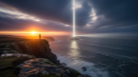 A solitary figure stands on a cliff overlooking a vast ocean under a dramatic sky. The scene is dominated by a setting sun casting warm hues across the water. The composition highlights the contrast between light and shadow, the sky's textures, and the natural elements. Suitable for illustrating travel, nature, or contemplative themes.の素材