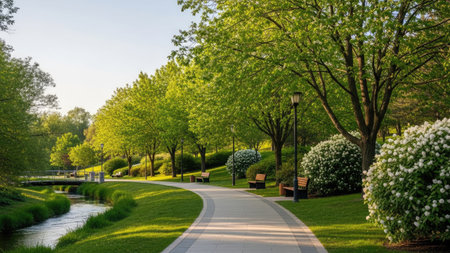 A tranquil park scene features a winding pathway through vibrant green grass and trees. The image showcases natural light, a gentle stream, and neatly trimmed bushes. The composition suggests a sense of peace and tranquility suitable for various commercial or editorial applications, such as promoting relaxation and outdoor spaces.の素材