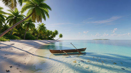 A wooden rowboat rests on a sandy beach near the clear turquoise ocean under a blue sky. Lush green palm trees line the shore casting shadows. The image depicts a serene coastal environment with natural lighting and soft textures. Suitable for illustrating travel, vacation, or relaxation themes in various visual projects.の素材