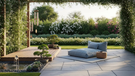 An inviting outdoor scene features a comfortable seating arrangement with cushions, placed near a water element. The area is framed by lush greenery and architectural elements, showcasing a blend of nature and design. Suitable for illustrating leisure, relaxation, and lifestyle concepts, this image could be used for various commercial projects.の素材