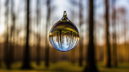 A single water droplet suspends, reflecting the surrounding forest environment. The image displays a close-up with detailed textures and a blurred background suggesting depth. The droplet showcases refractive properties. This image is suitable for various commercial uses, including artistic designs and ecological themes.の素材