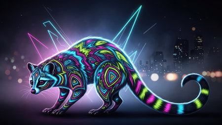 An illustration depicts a raccoon with vibrant, psychedelic patterns, illuminated with neon lighting. The artwork displays a nighttime urban scene with buildings silhouetted in the background. It employs dynamic lighting and bold colors. Suitable for various design projects and commercial applications, it provides visual impact.の素材