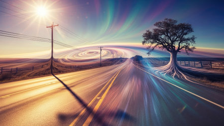 An artistic image presents a road stretching towards a tree. The sky displays a colorful effect, while the sunlight creates streaks of light. This visual composition could be utilized for various commercial purposes, including website design or editorial content. The scene depicts an outdoor environment, with elements of nature and artistic expression.の素材