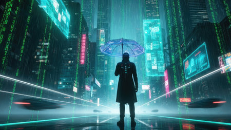 A person stands holding an umbrella in a modern, technologically advanced urban setting at night. The image showcases neon lights, futuristic vehicles, and digital displays. The composition uses a dark color palette. Ideal for concepts related to technology, cyberpunk themes, or digital art applications.の素材