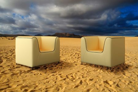 Comfortable crib in sand desert landの写真素材