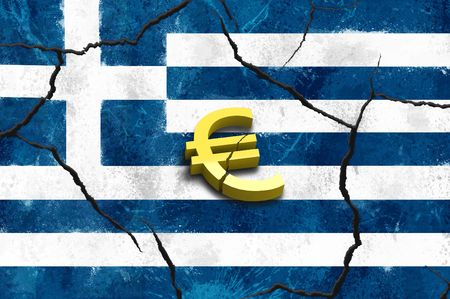 Euro symbol on greek crack flags backgroundの写真素材