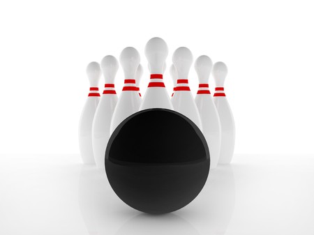 Ten pin and black polished bowl on white backgroundの写真素材