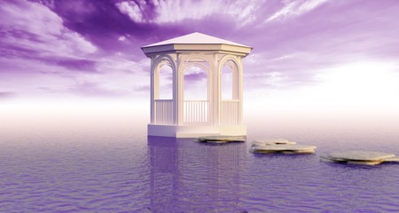 White gazebo remote in sea and under violet skyの写真素材